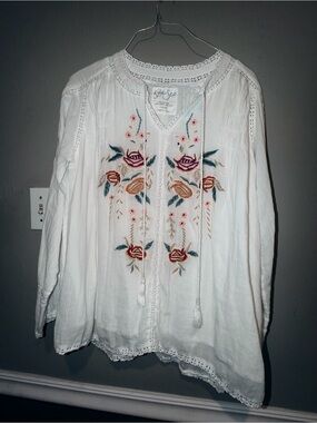 Kyla Sea White Embroidered Boho Blouse with Tassel Ties